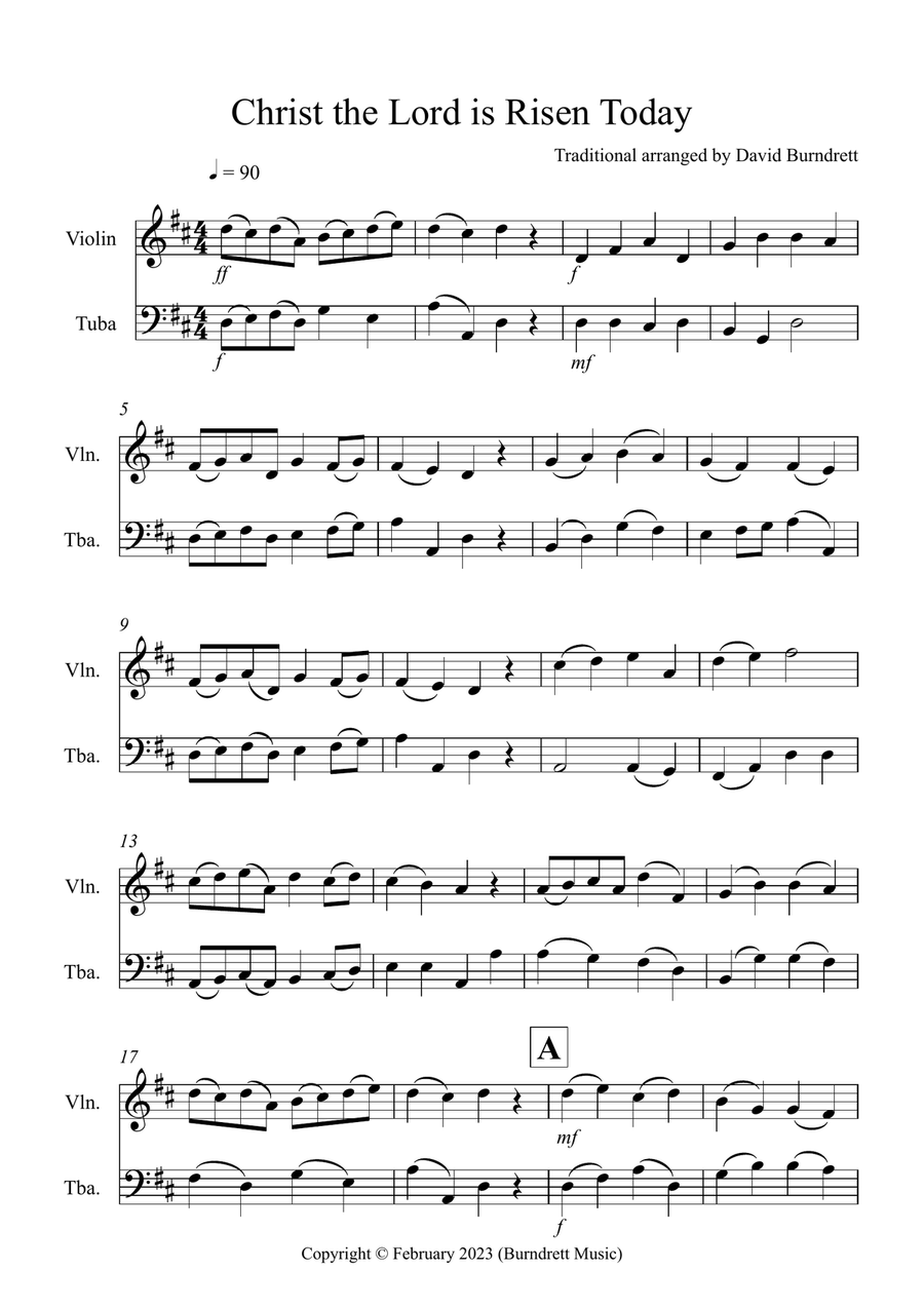 Christ The Lord is Risen Today for Violin and Tuba Duet Tuba scores gallery preview page 1