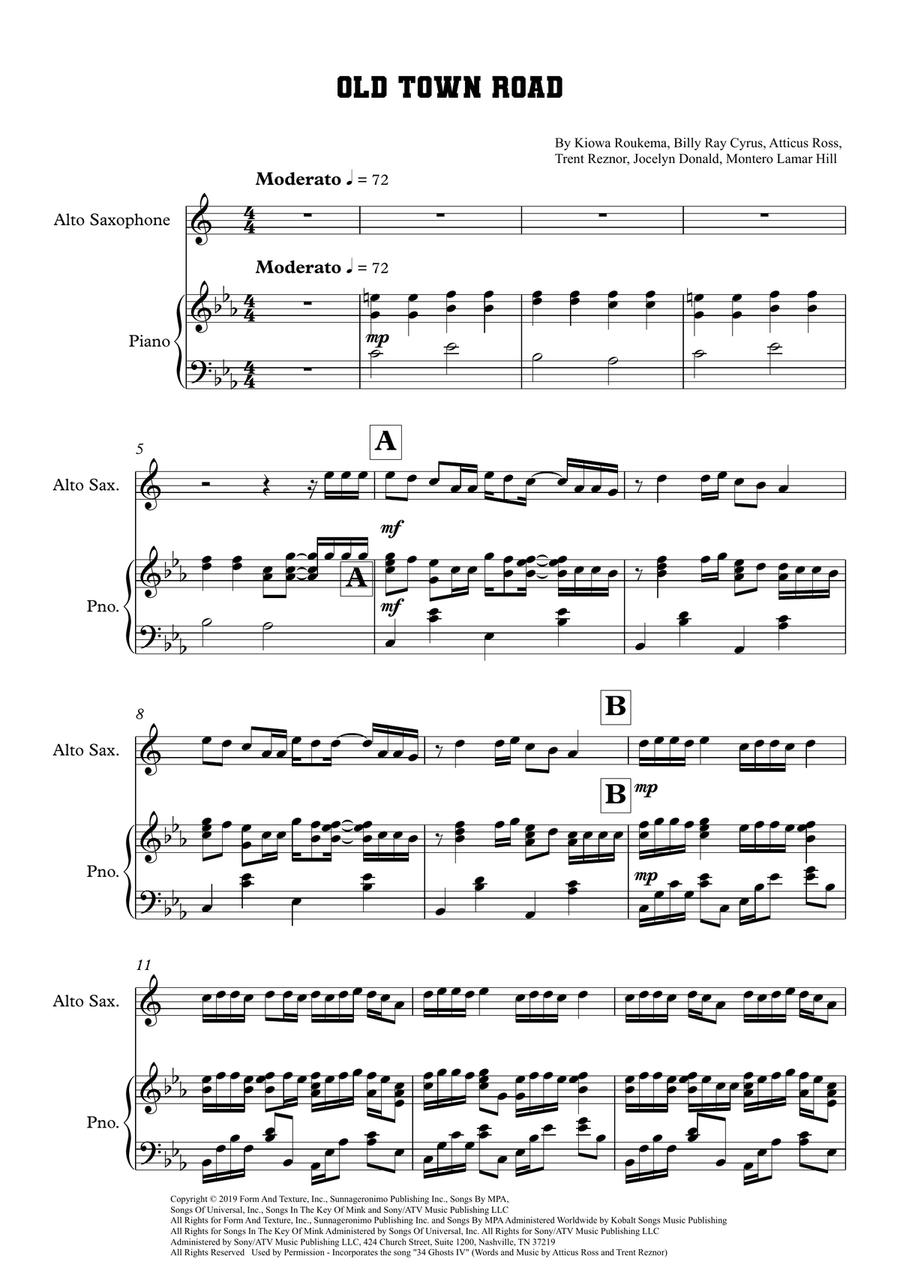 Old Town Road (Remix) Old Town Road (Remix) Alto Saxophone scores gallery preview page 1