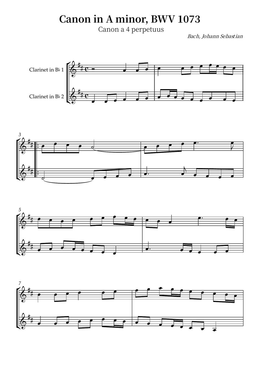 Canon in A minor, BWV 1073 Clarinet Duet scores gallery preview page 1