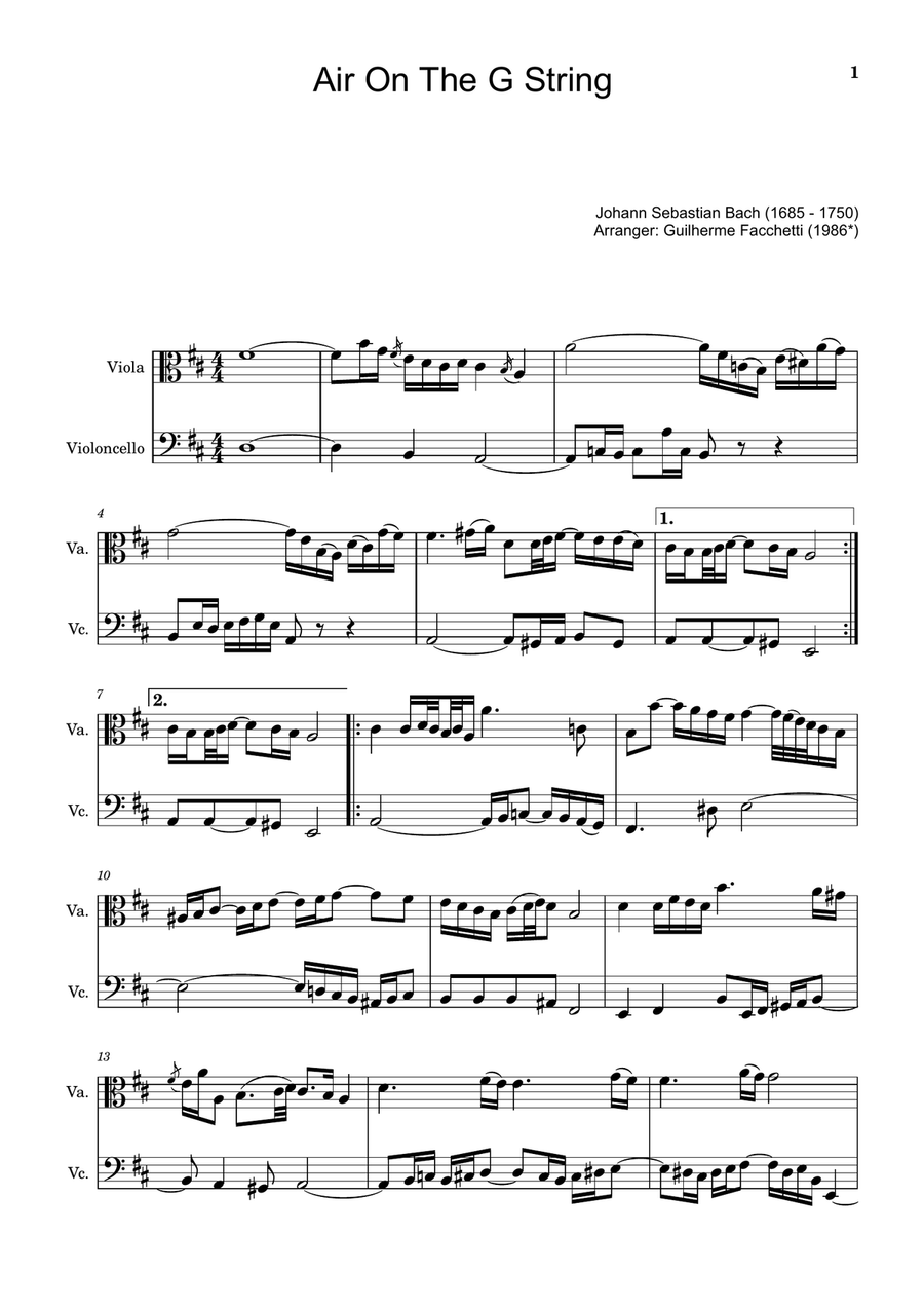 Air on the G String. For Viola and Violoncello. String Duet scores gallery preview page 1