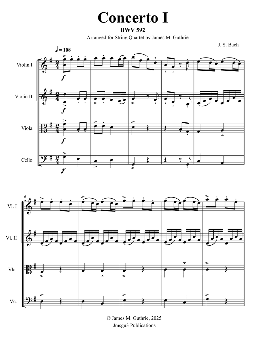 Bach: Concerto No. 1 BWV 592 for String Quartet String Quartet scores gallery preview page 1