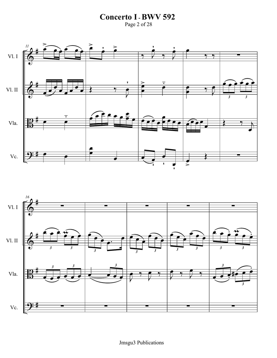 Bach: Concerto No. 1 BWV 592 for String Quartet String Quartet scores gallery preview page 2