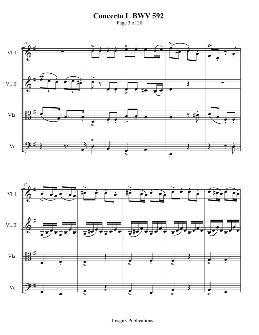 Bach: Concerto No. 1 BWV 592 for String Quartet String Quartet scores gallery preview page 3