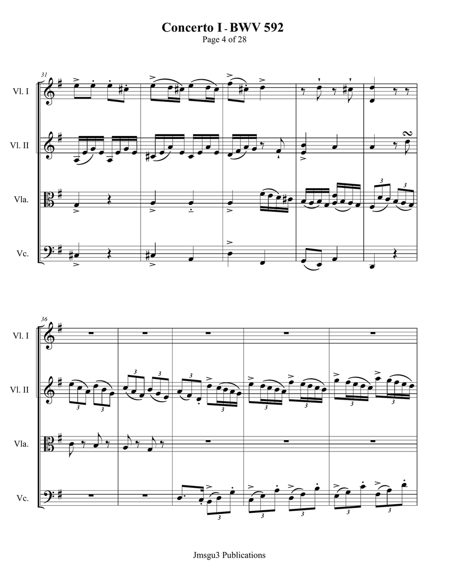 Bach: Concerto No. 1 BWV 592 for String Quartet String Quartet scores gallery preview page 4