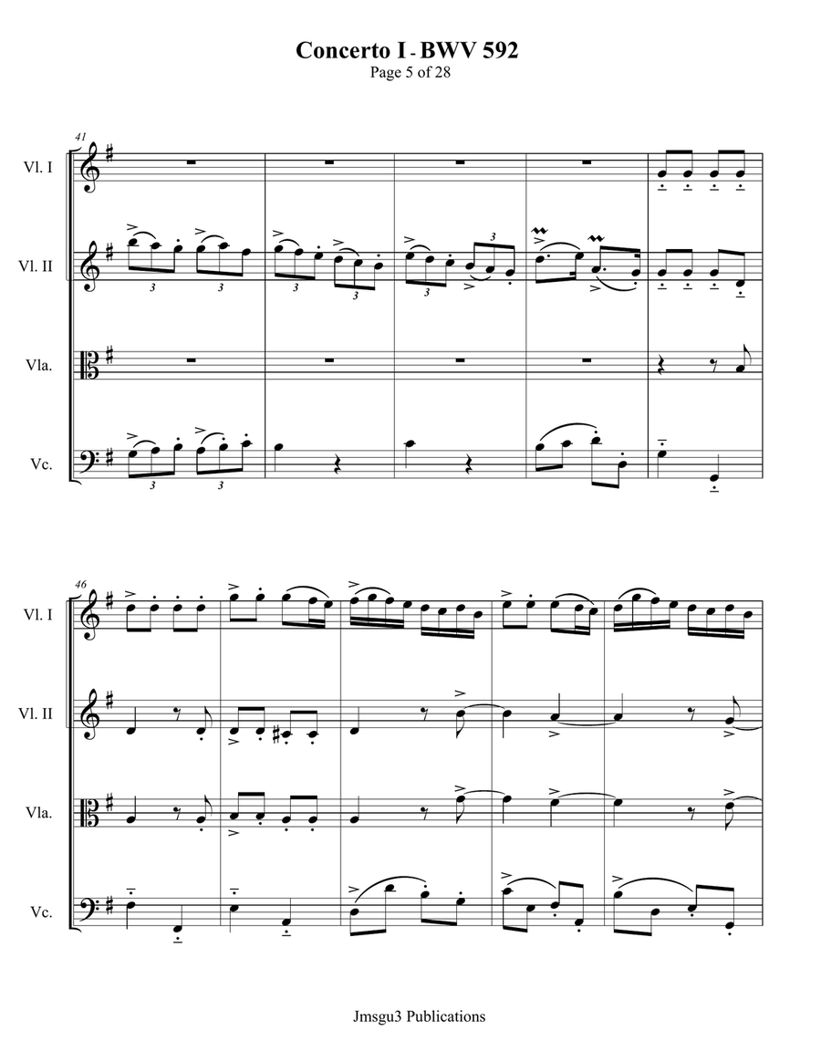 Bach: Concerto No. 1 BWV 592 for String Quartet String Quartet scores gallery preview page 5