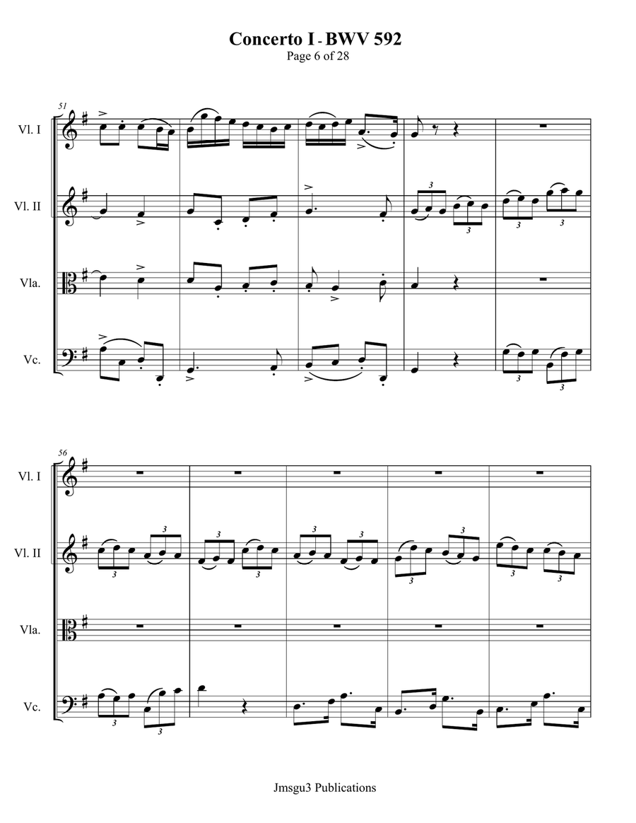 Bach: Concerto No. 1 BWV 592 for String Quartet String Quartet scores gallery preview page 6