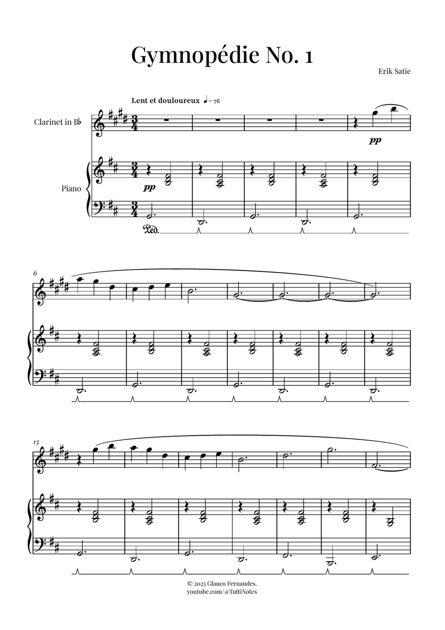 Gymnopédie No. 1 | BEAUTIFUL Classic B-Flat Clarinet scores gallery preview page 1