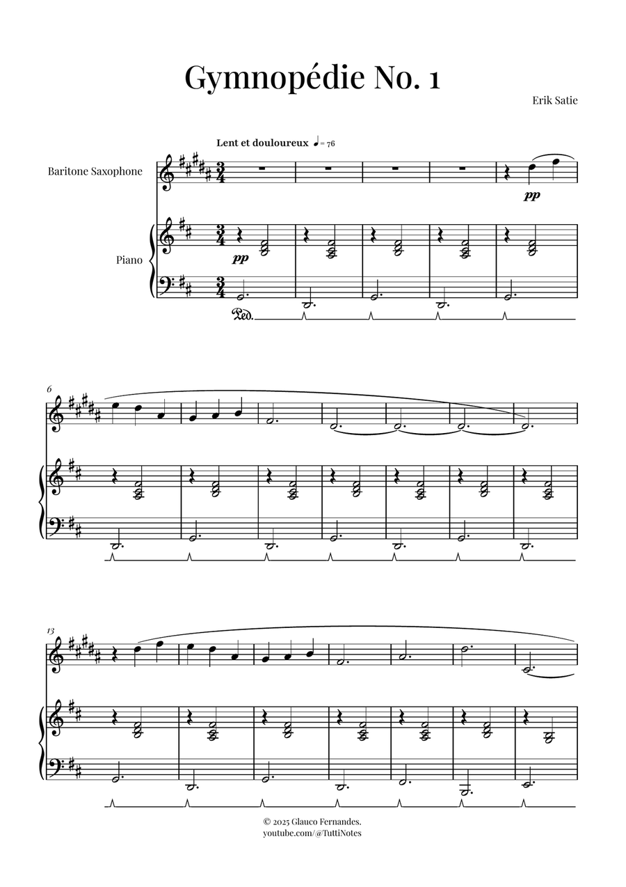 Gymnopédie No. 1 | BEAUTIFUL Classic Baritone Saxophone scores gallery preview page 1