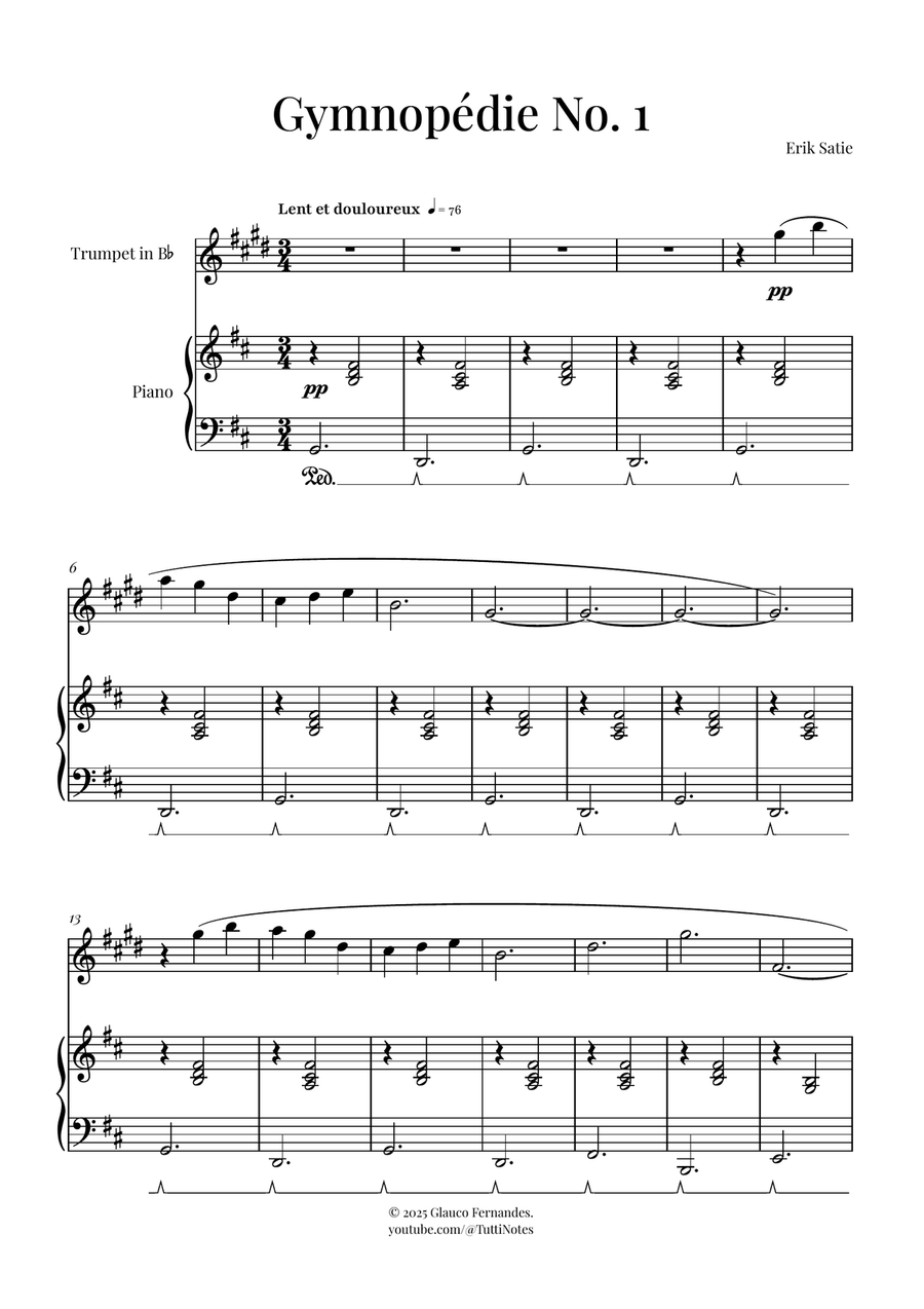Gymnopédie No. 1 | BEAUTIFUL Classic B-Flat Trumpet scores gallery preview page 1