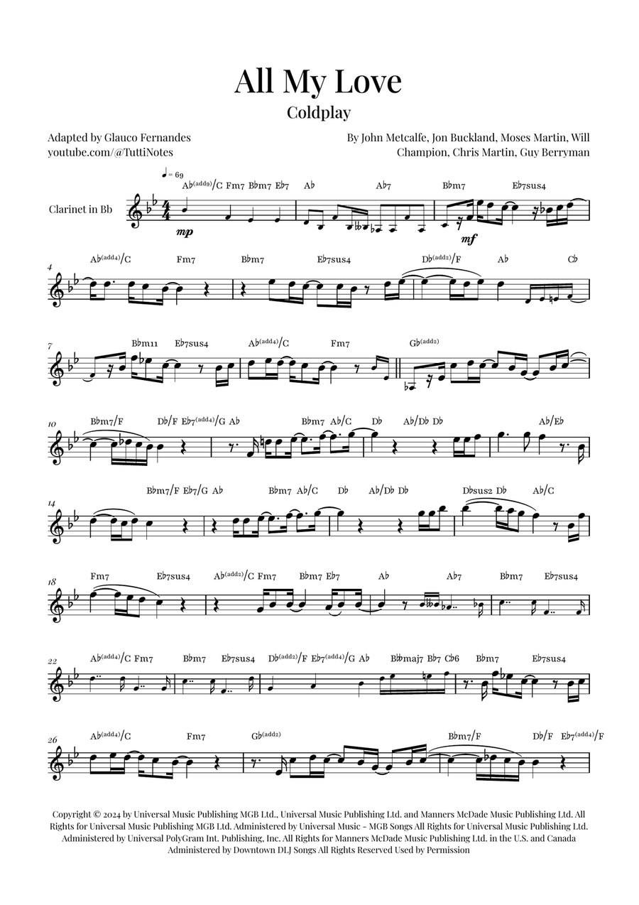 All My Love B-Flat Clarinet scores gallery preview page 1
