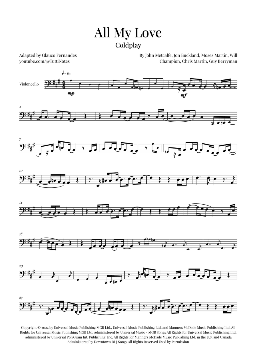 All My Love Cello Solo scores gallery preview page 1