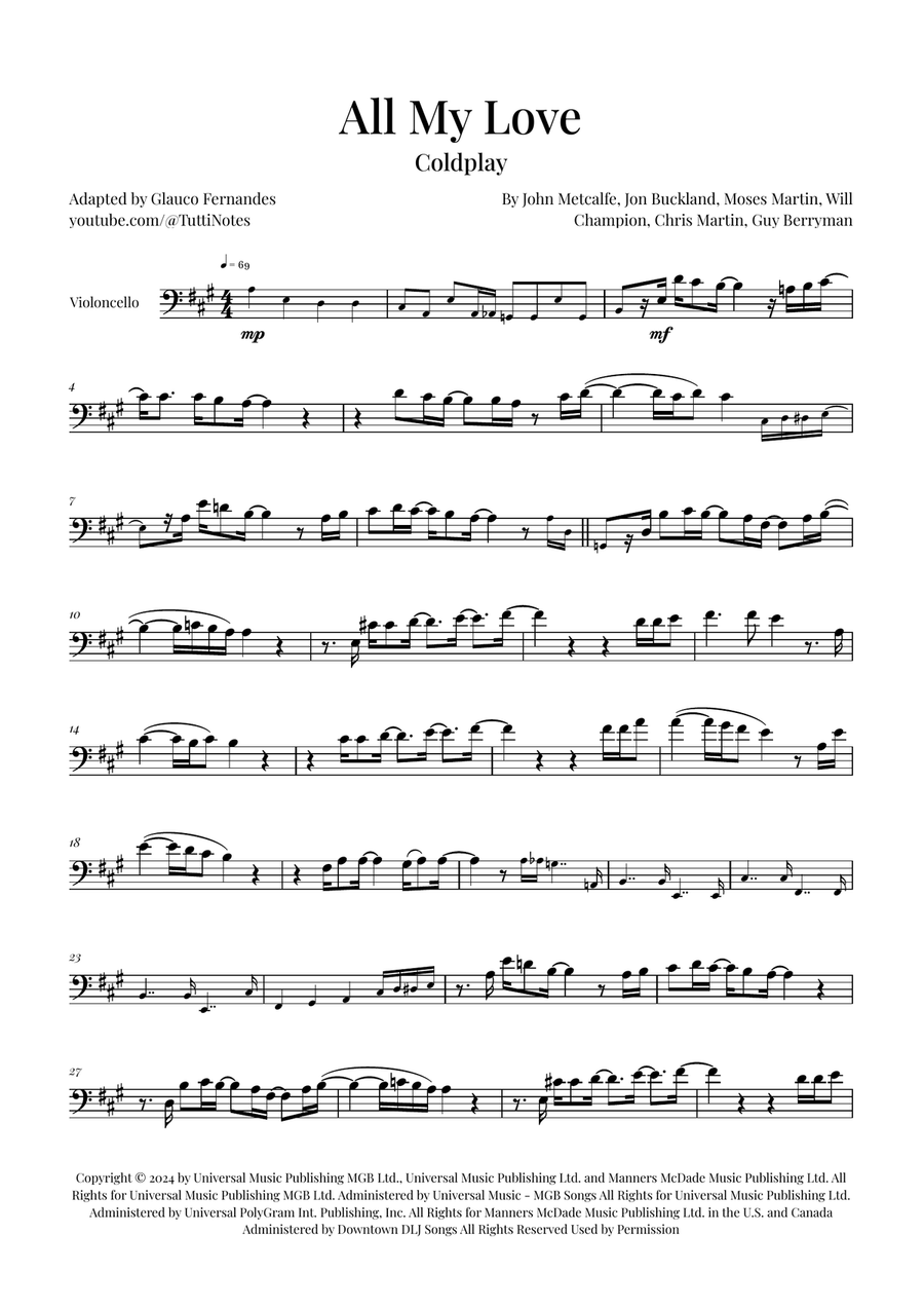 All My Love Cello Solo scores gallery preview page 1