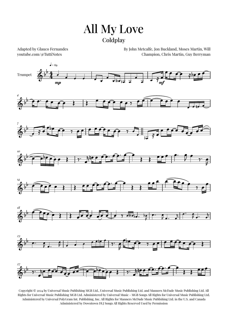 All My Love B-Flat Trumpet scores gallery preview page 1