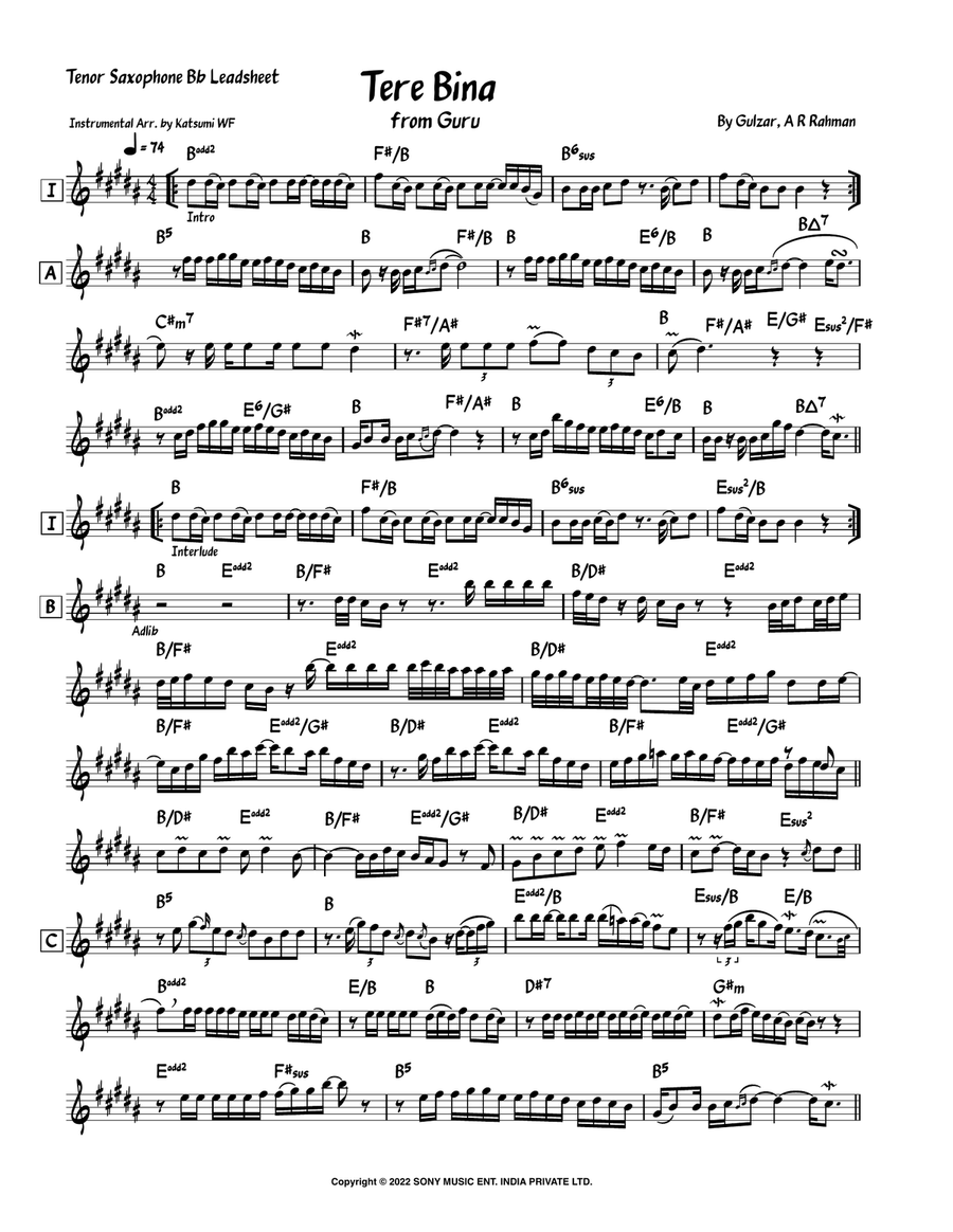 Tere Bina (360 Ra) Tere Bina (360 Ra) Tenor Saxophone scores gallery preview page 1