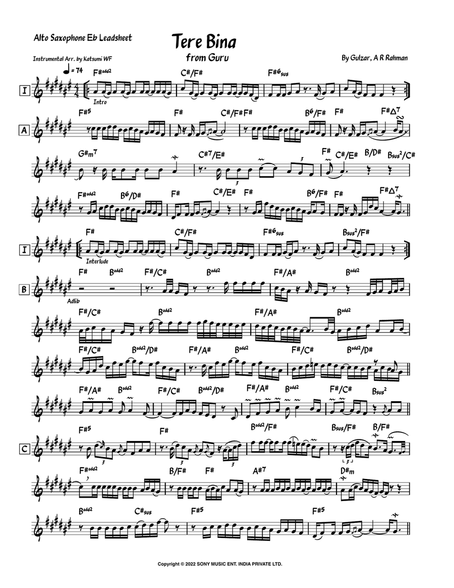 Tere Bina (360 Ra) Tere Bina (360 Ra) Alto Saxophone scores gallery preview page 1
