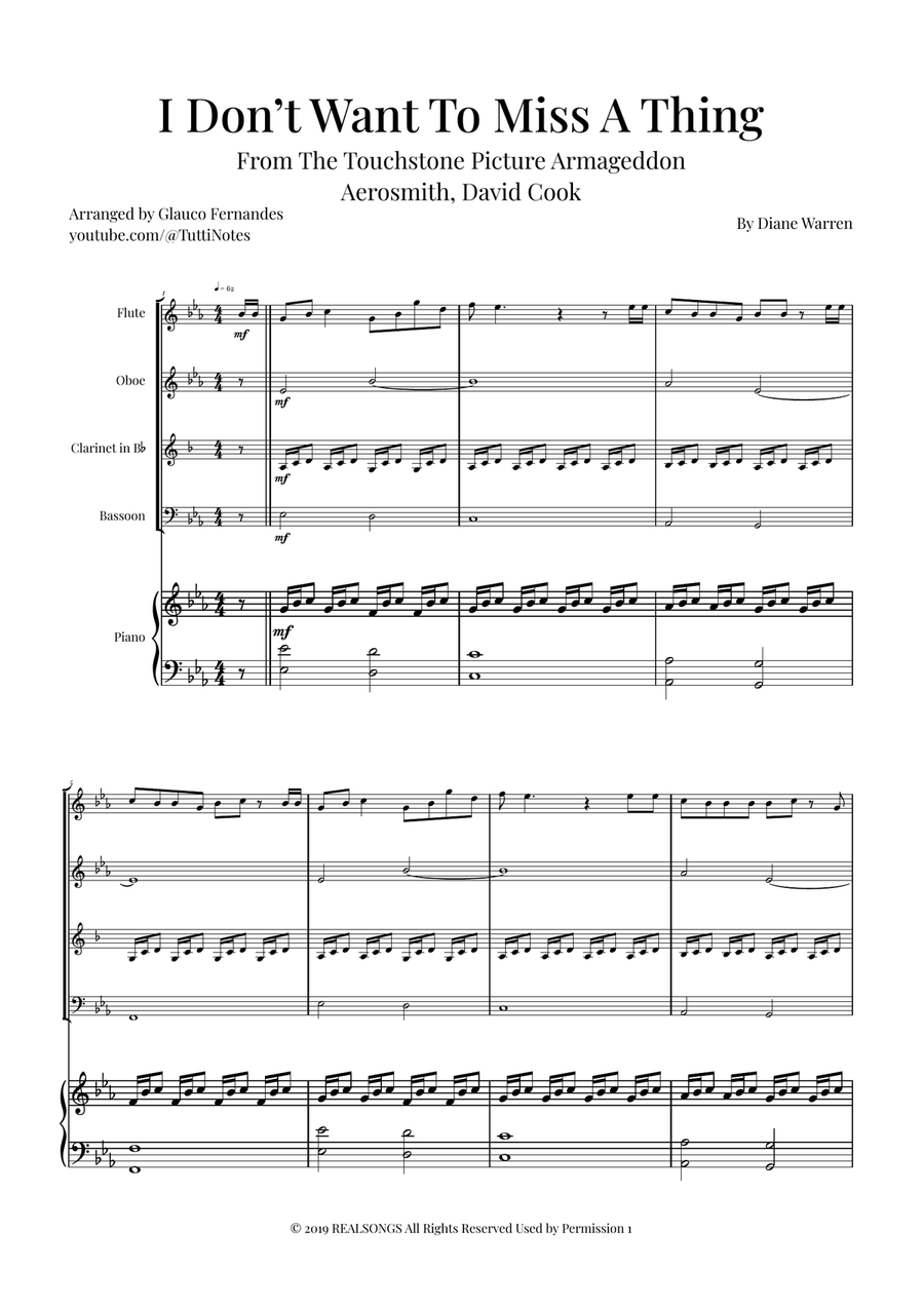 I Don't Want To Miss A Thing Woodwind Quartet scores gallery preview page 1