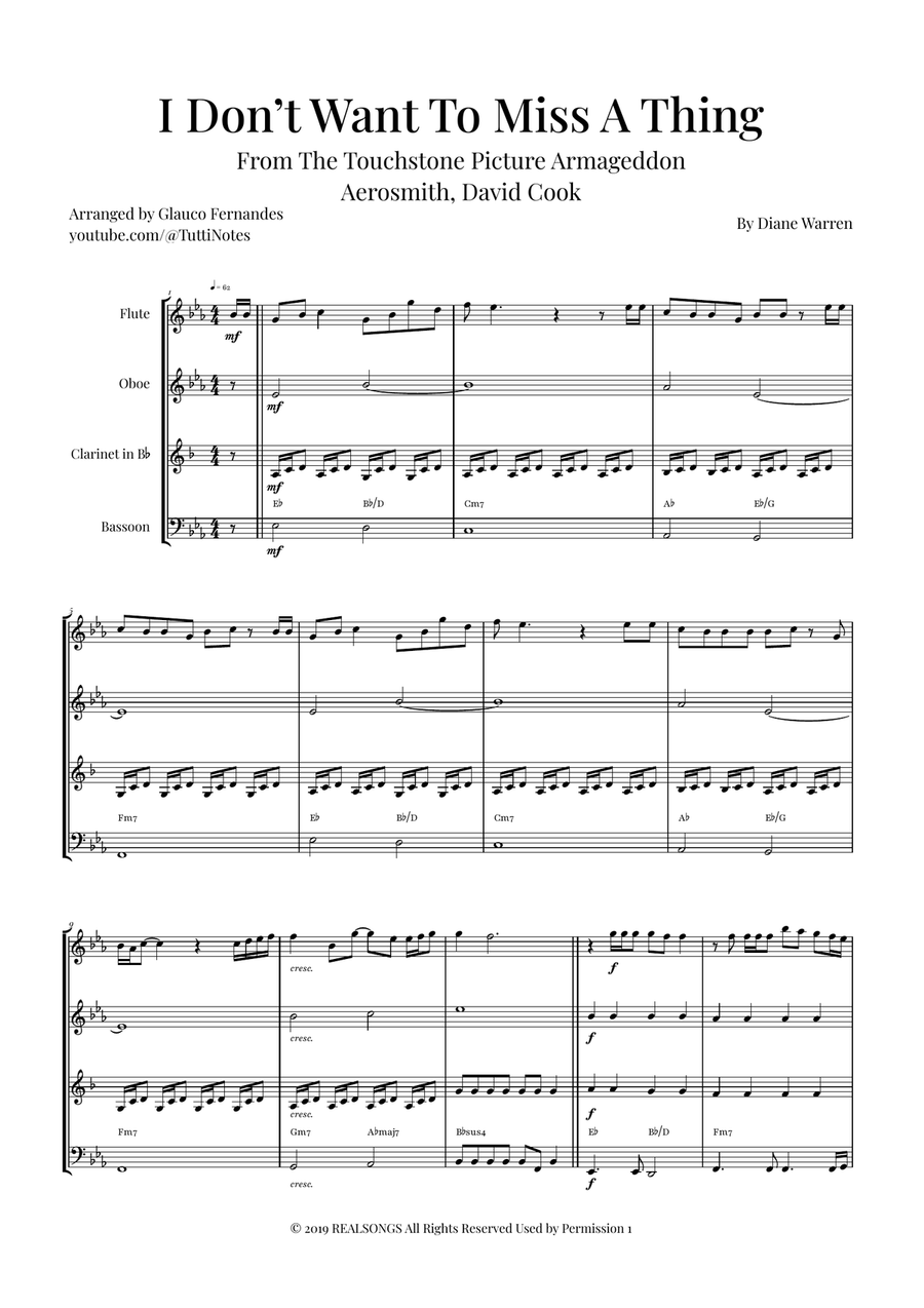 I Don't Want To Miss A Thing Woodwind Quartet scores gallery preview page 1