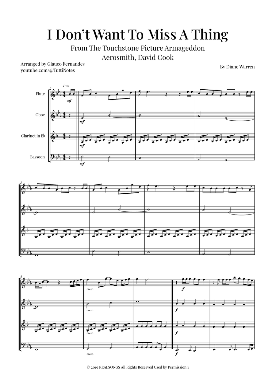 I Don't Want To Miss A Thing Woodwind Quartet scores gallery preview page 1