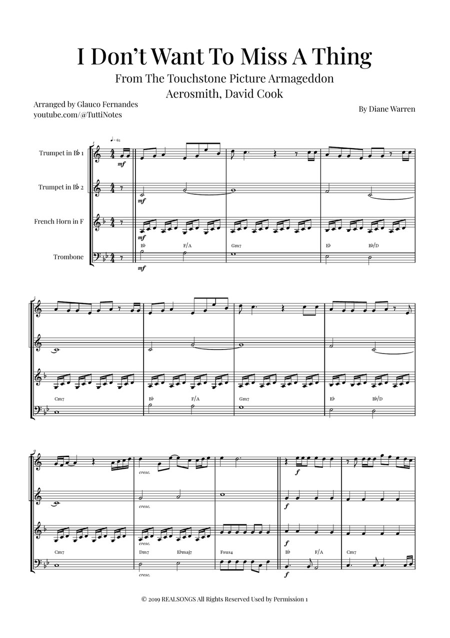 I Don't Want To Miss A Thing Brass Quartet scores gallery preview page 1