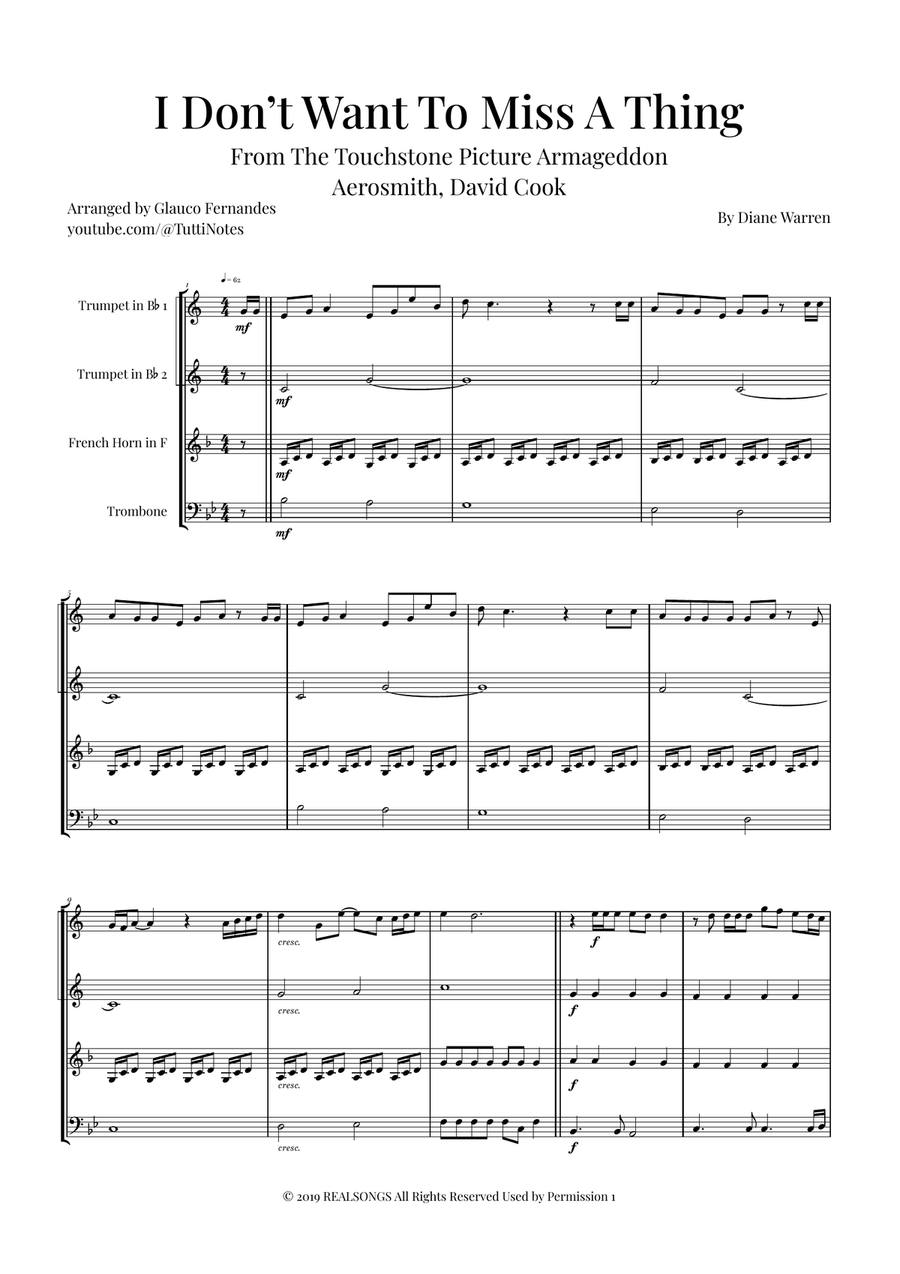 I Don't Want To Miss A Thing Brass Quartet scores gallery preview page 1