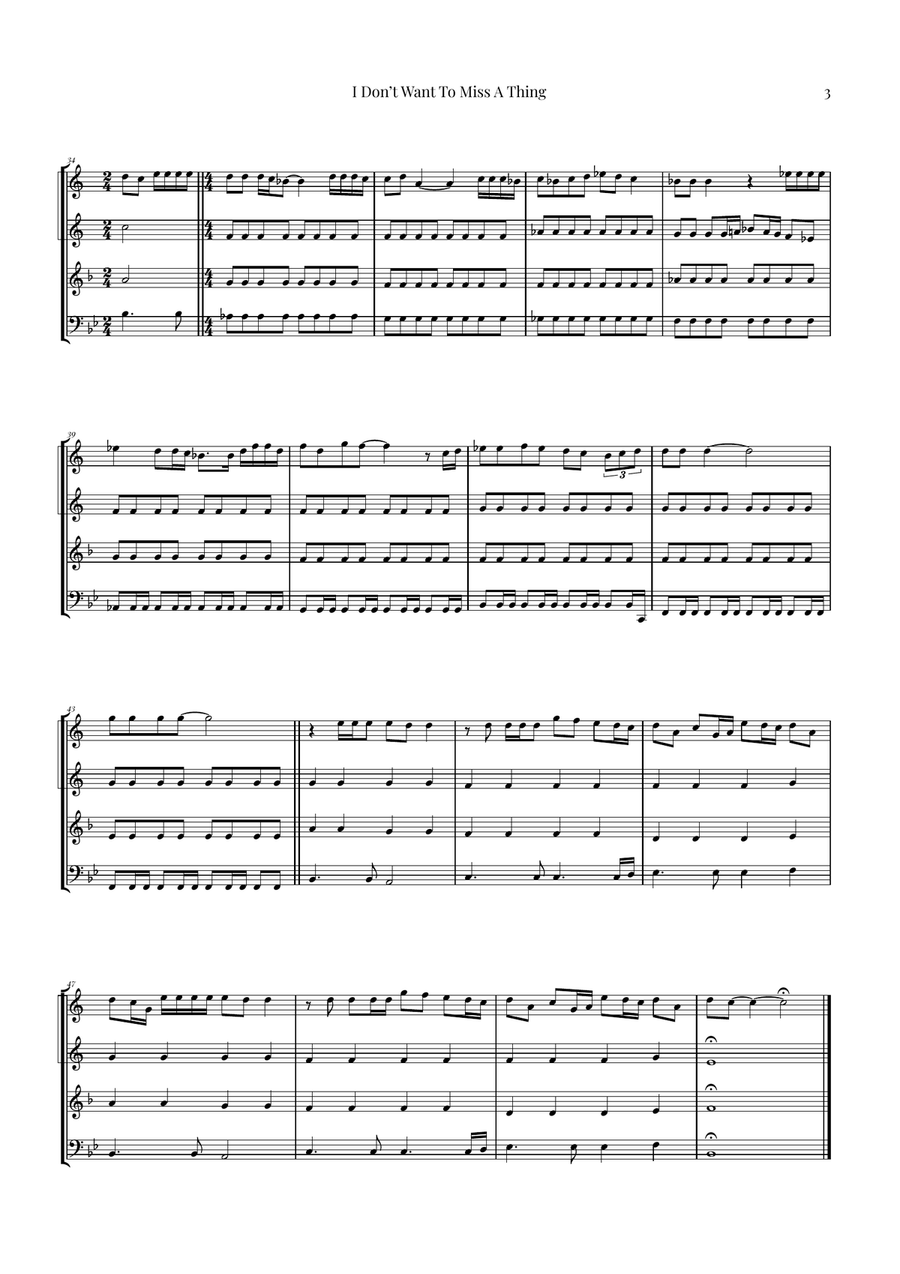 I Don't Want To Miss A Thing Brass Quartet scores gallery preview page 3