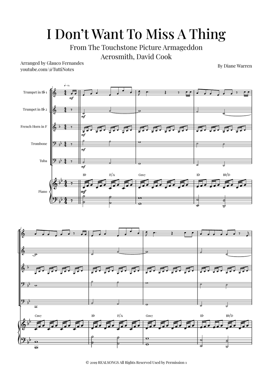 I Don't Want To Miss A Thing Brass Quintet scores gallery preview page 1