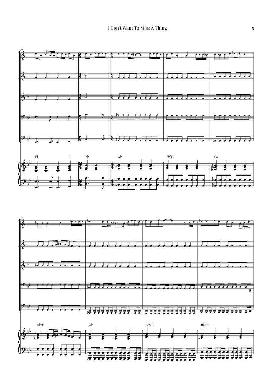 I Don't Want To Miss A Thing Brass Quintet scores gallery preview page 5