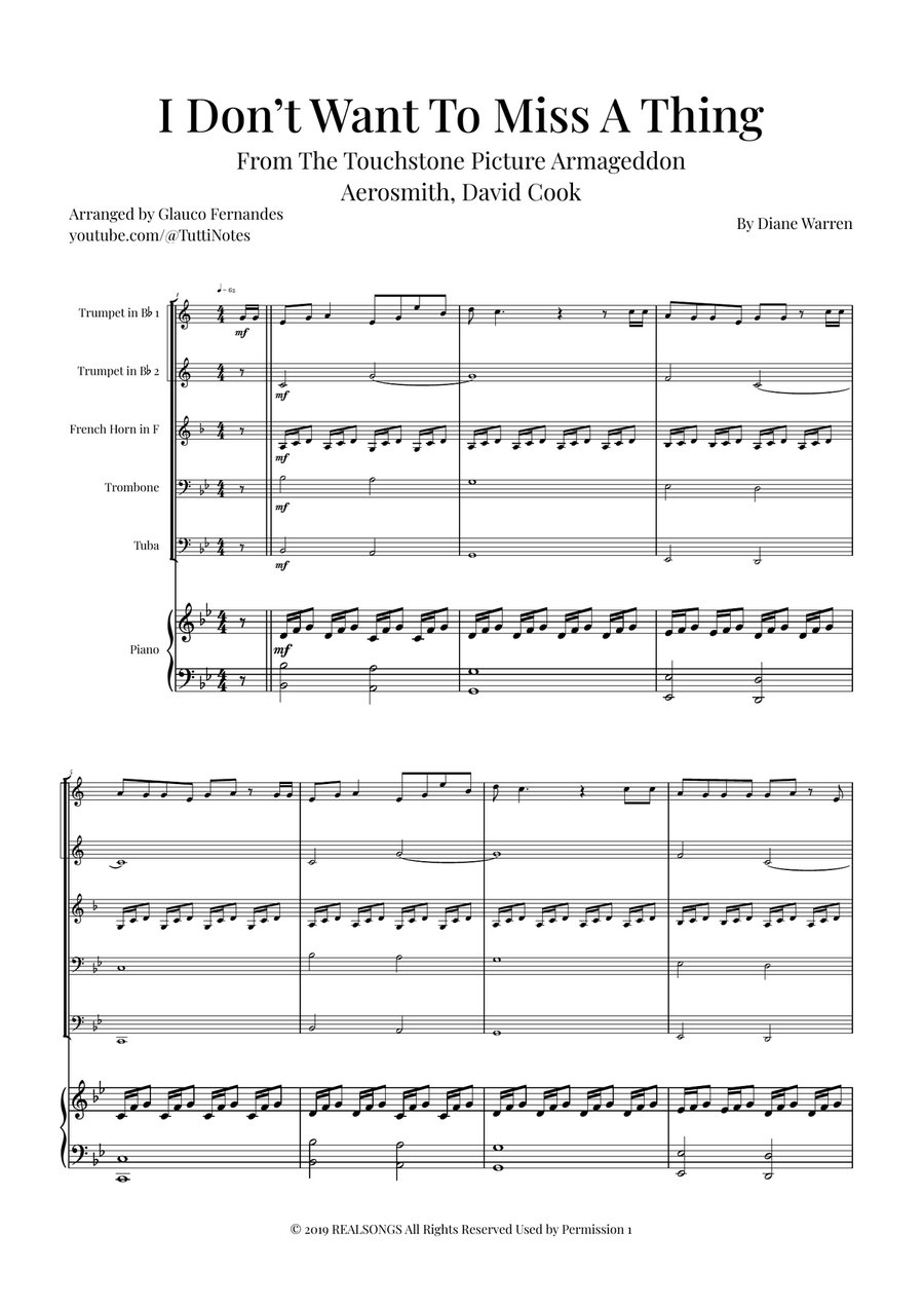 I Don't Want To Miss A Thing Brass Quintet scores gallery preview page 1
