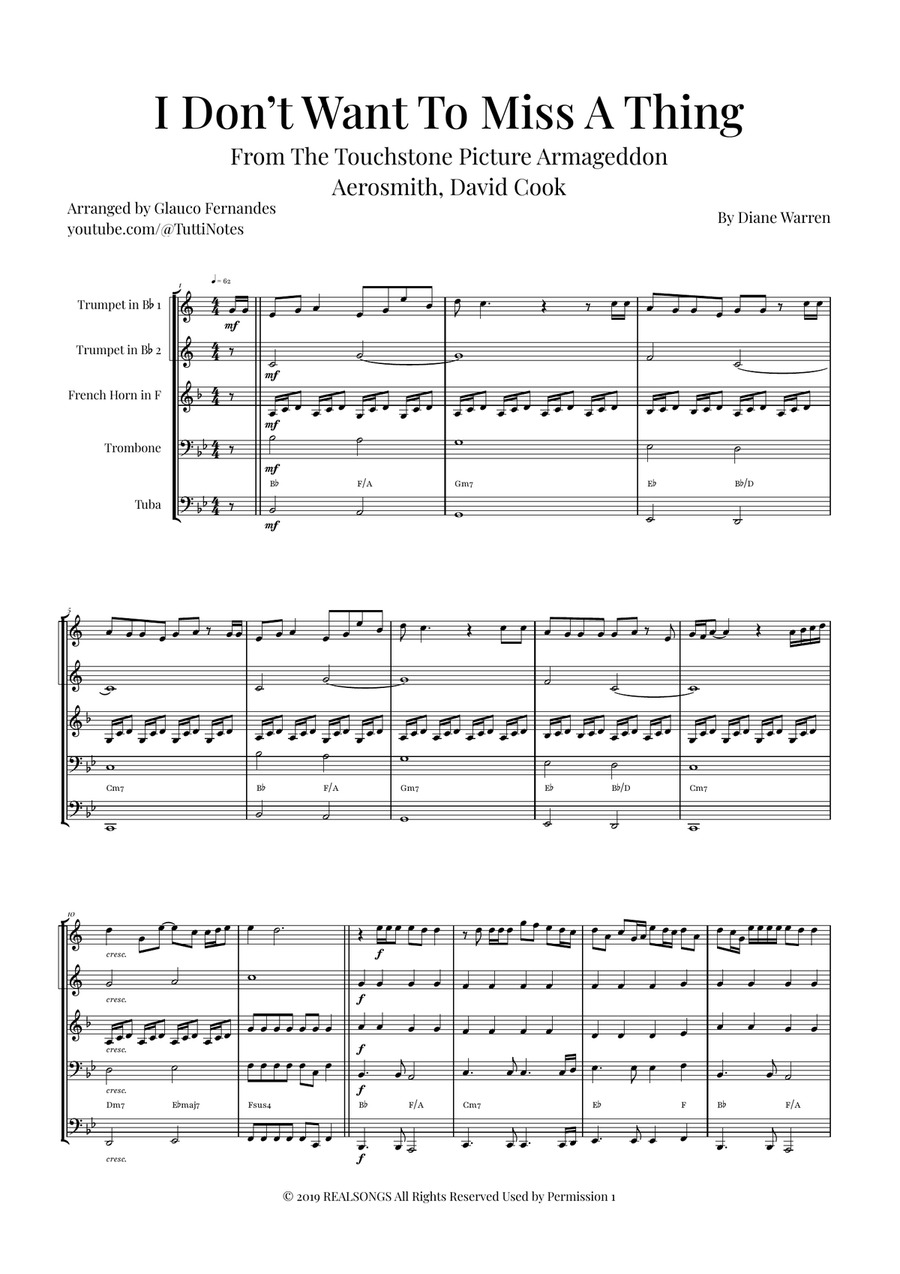 I Don't Want To Miss A Thing Brass Quintet scores gallery preview page 1