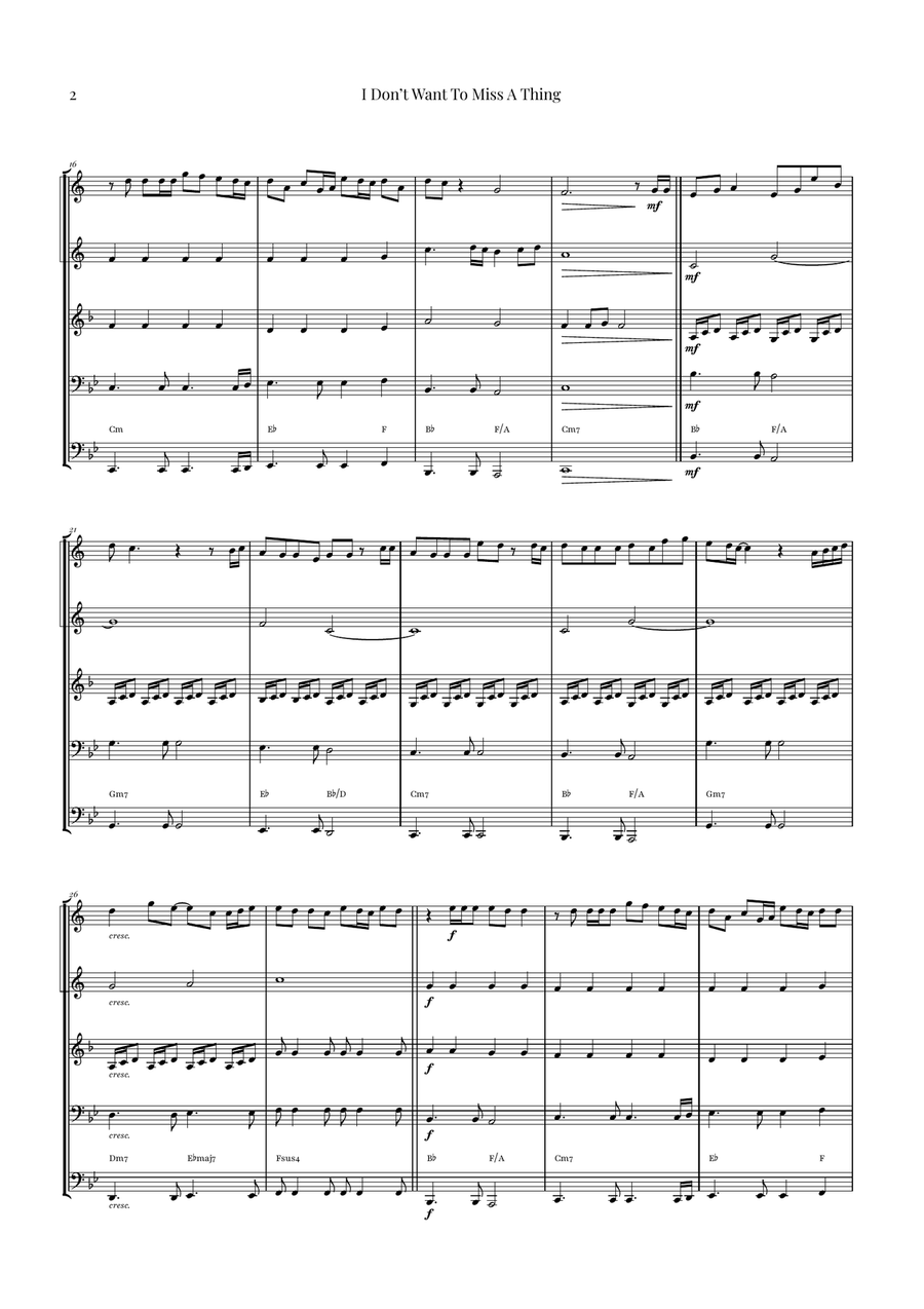 I Don't Want To Miss A Thing Brass Quintet scores gallery preview page 2
