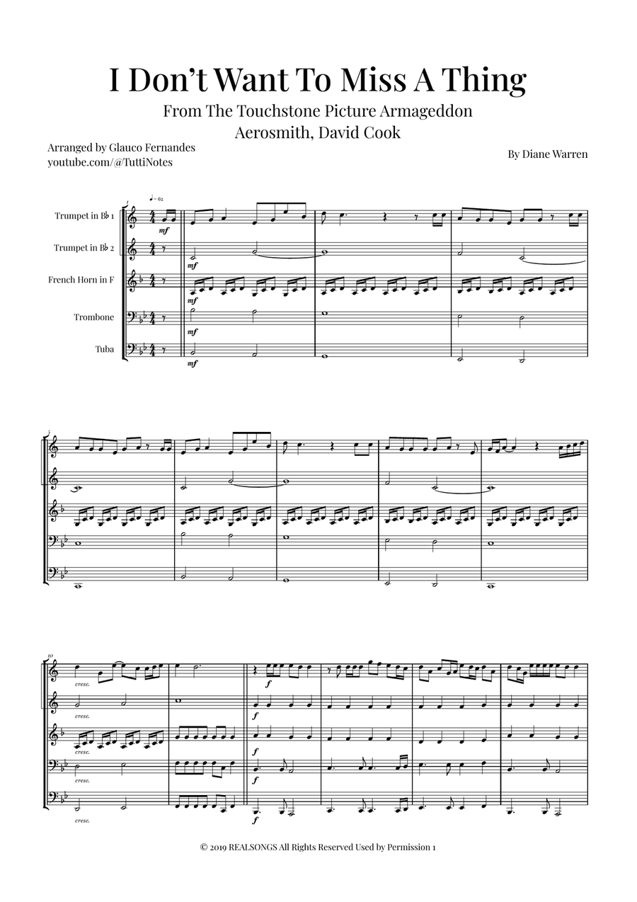 I Don't Want To Miss A Thing Brass Quintet scores gallery preview page 1
