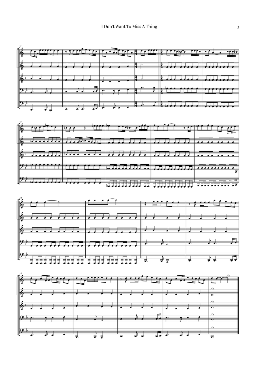 I Don't Want To Miss A Thing Brass Quintet scores gallery preview page 3