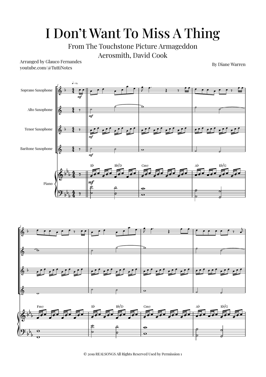 I Don't Want To Miss A Thing Saxophone Quartet scores gallery preview page 1