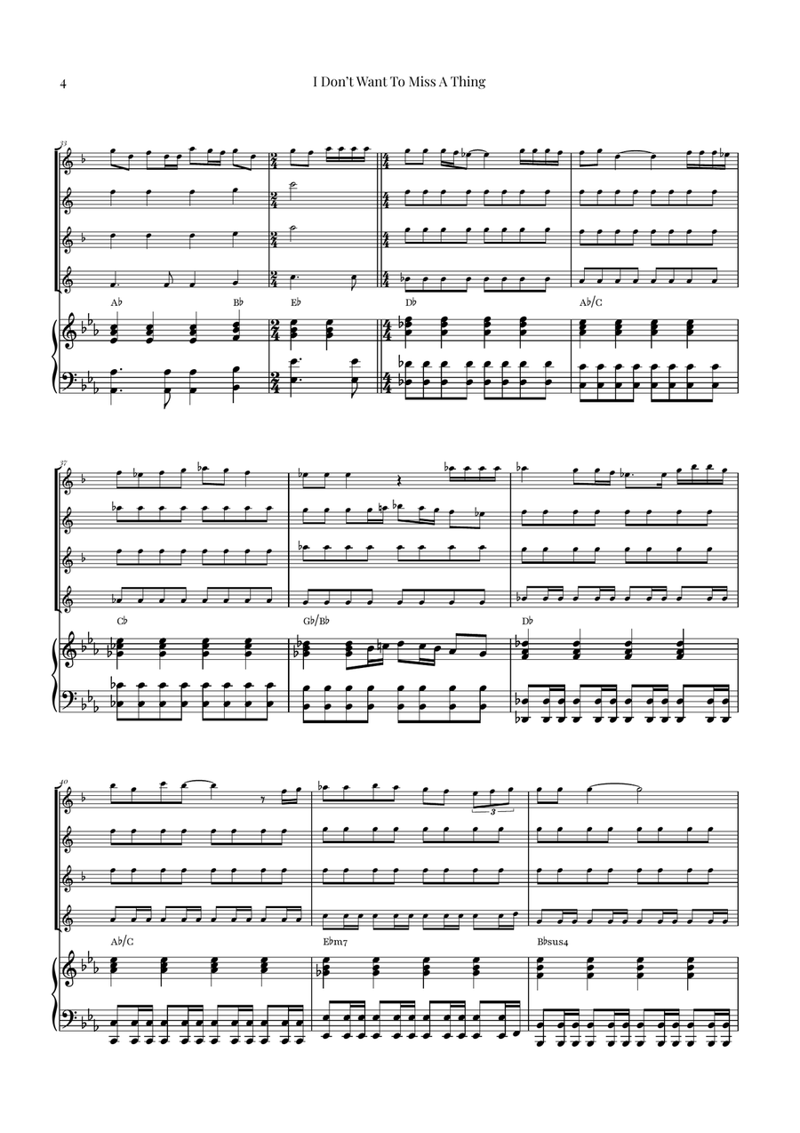 I Don't Want To Miss A Thing Saxophone Quartet scores gallery preview page 4