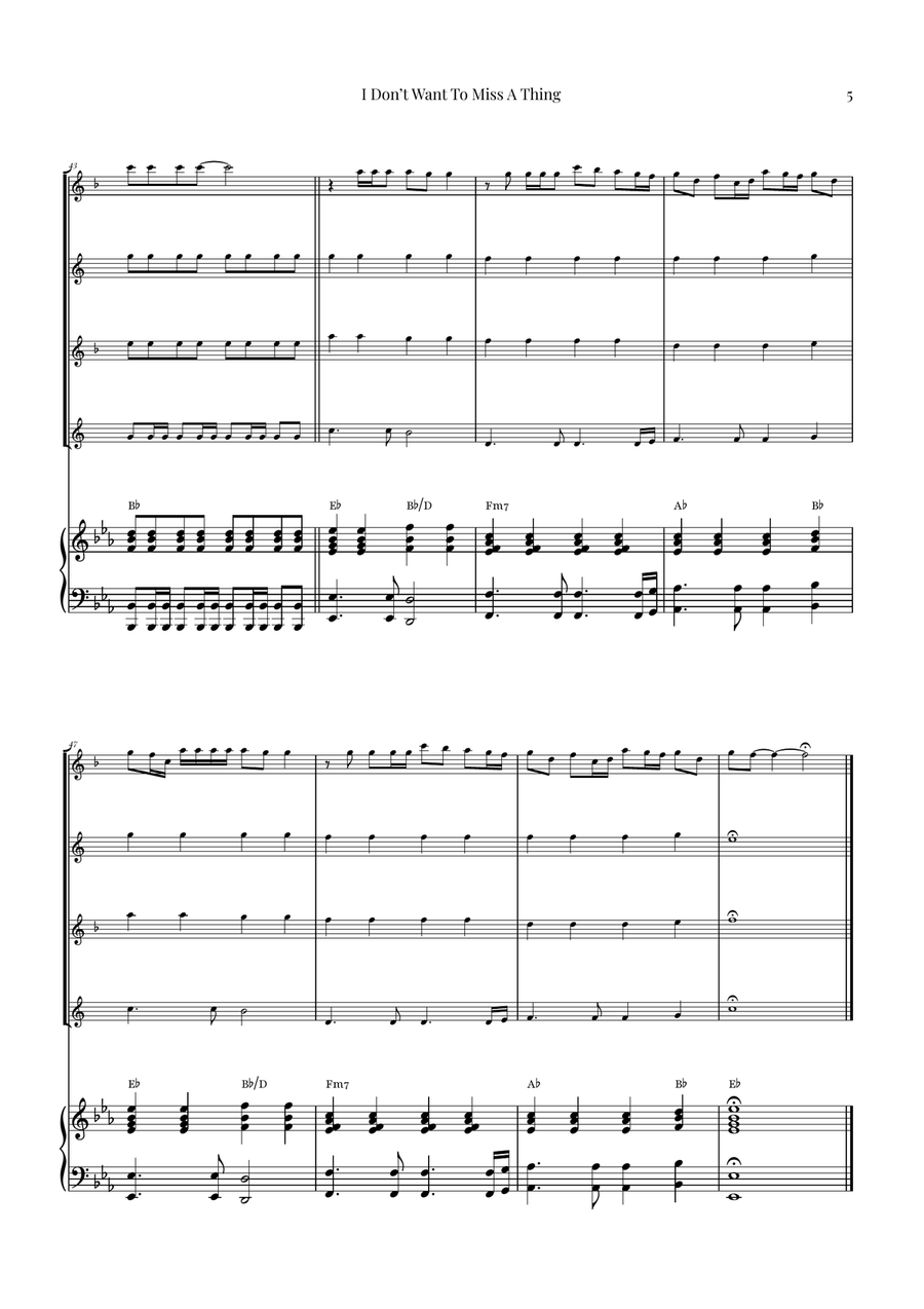 I Don't Want To Miss A Thing Saxophone Quartet scores gallery preview page 5