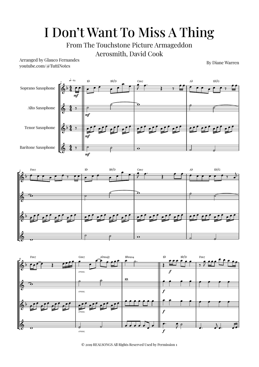 I Don't Want To Miss A Thing Saxophone Quartet scores gallery preview page 1