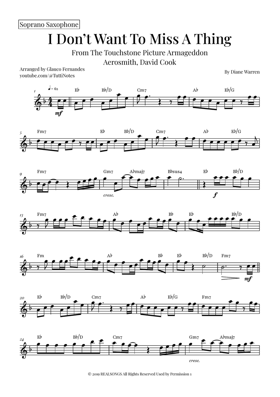 I Don't Want To Miss A Thing Saxophone Quartet scores gallery preview page 4