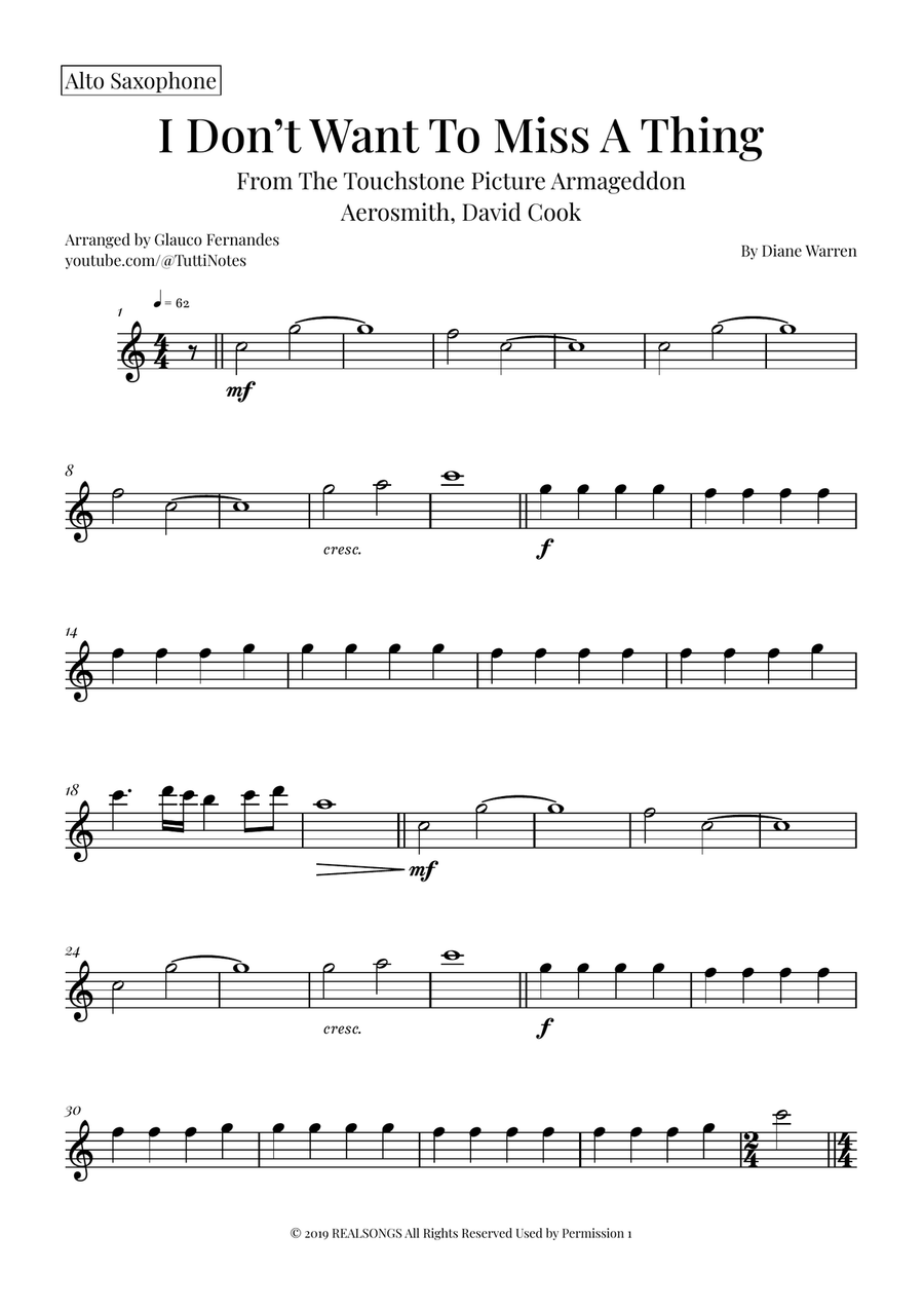 I Don't Want To Miss A Thing Saxophone Quartet scores gallery preview page 6