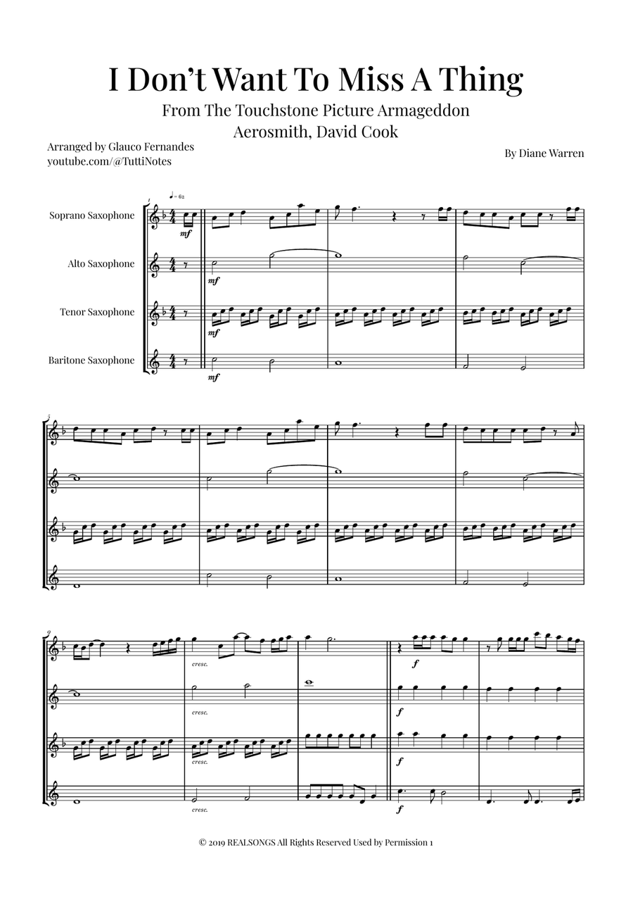 I Don't Want To Miss A Thing Saxophone Quartet scores gallery preview page 1