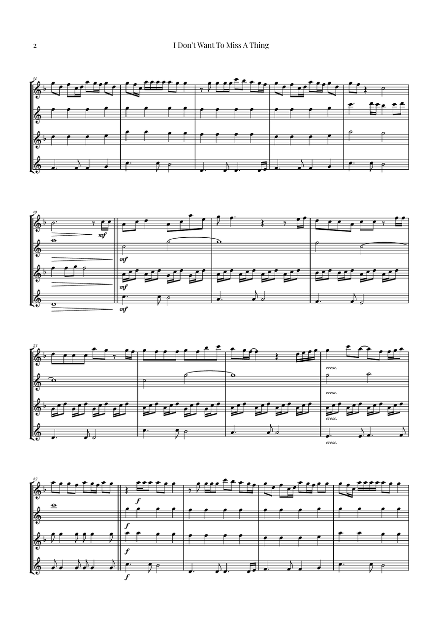 I Don't Want To Miss A Thing Saxophone Quartet scores gallery preview page 2