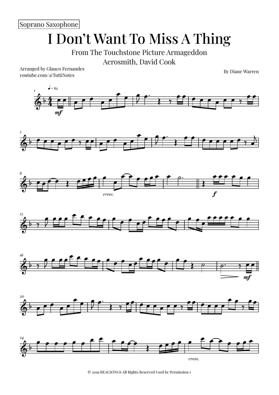 I Don't Want To Miss A Thing Saxophone Quartet scores gallery preview page 4
