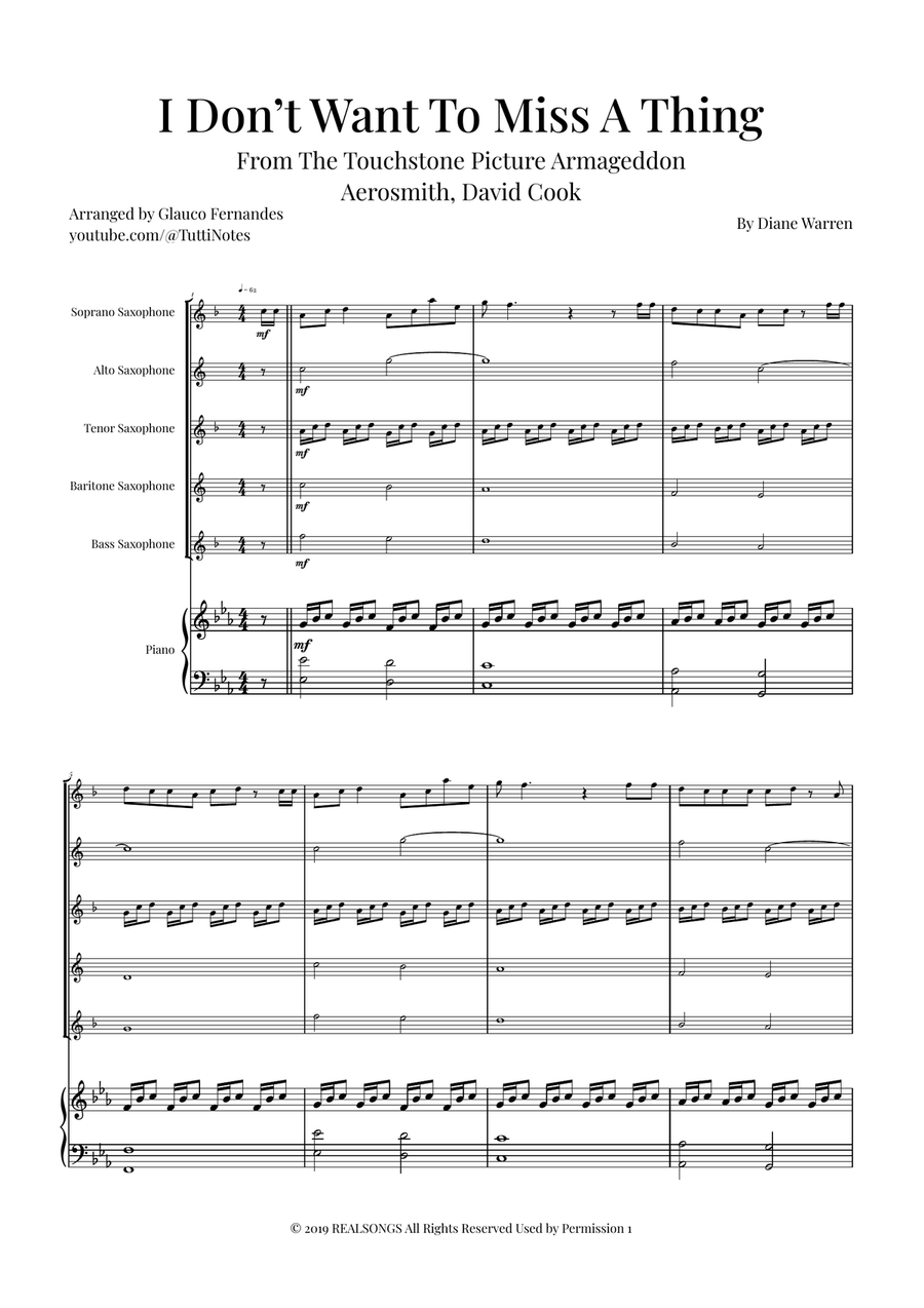 I Don't Want To Miss A Thing Saxophone Quintet scores gallery preview page 1