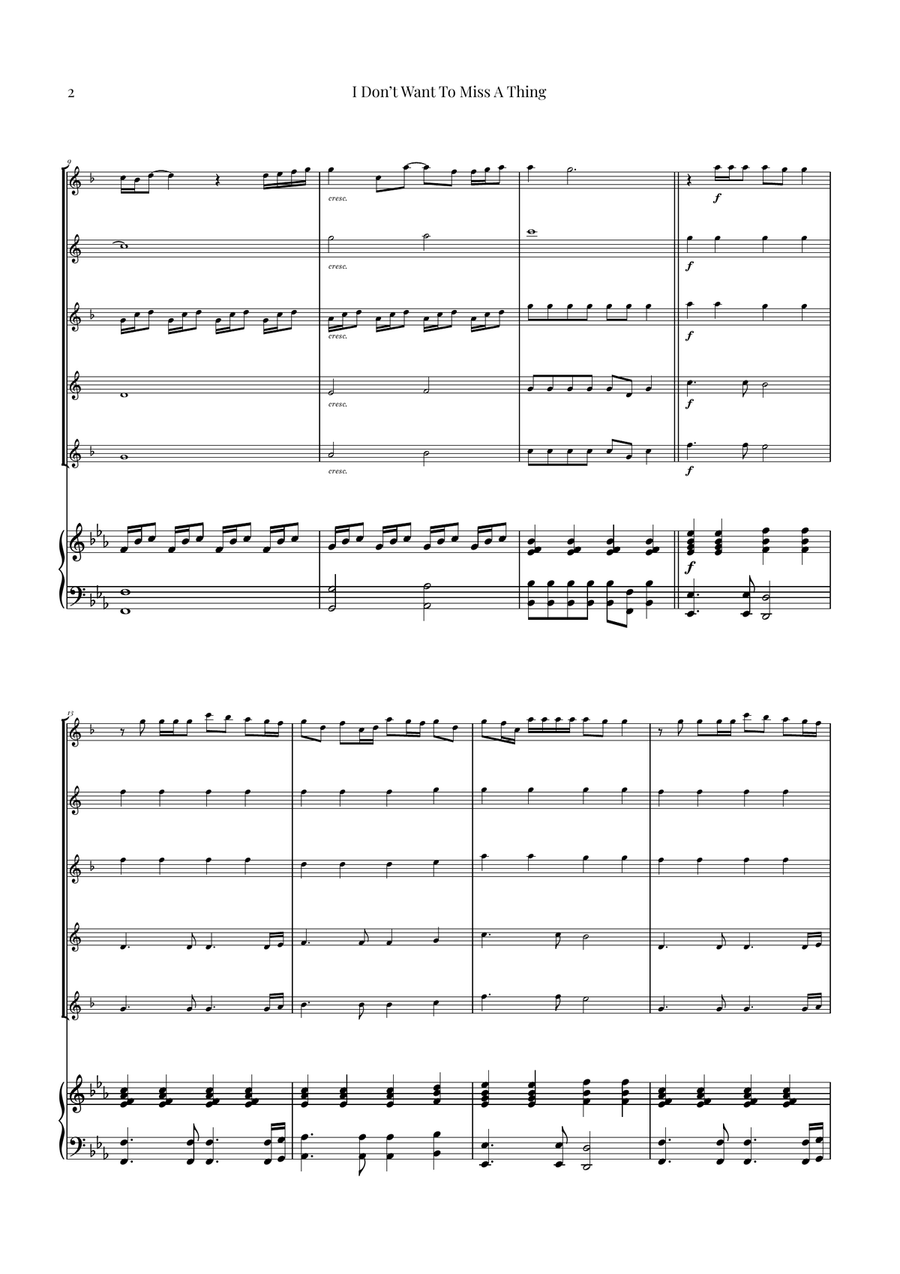 I Don't Want To Miss A Thing Saxophone Quintet scores gallery preview page 2