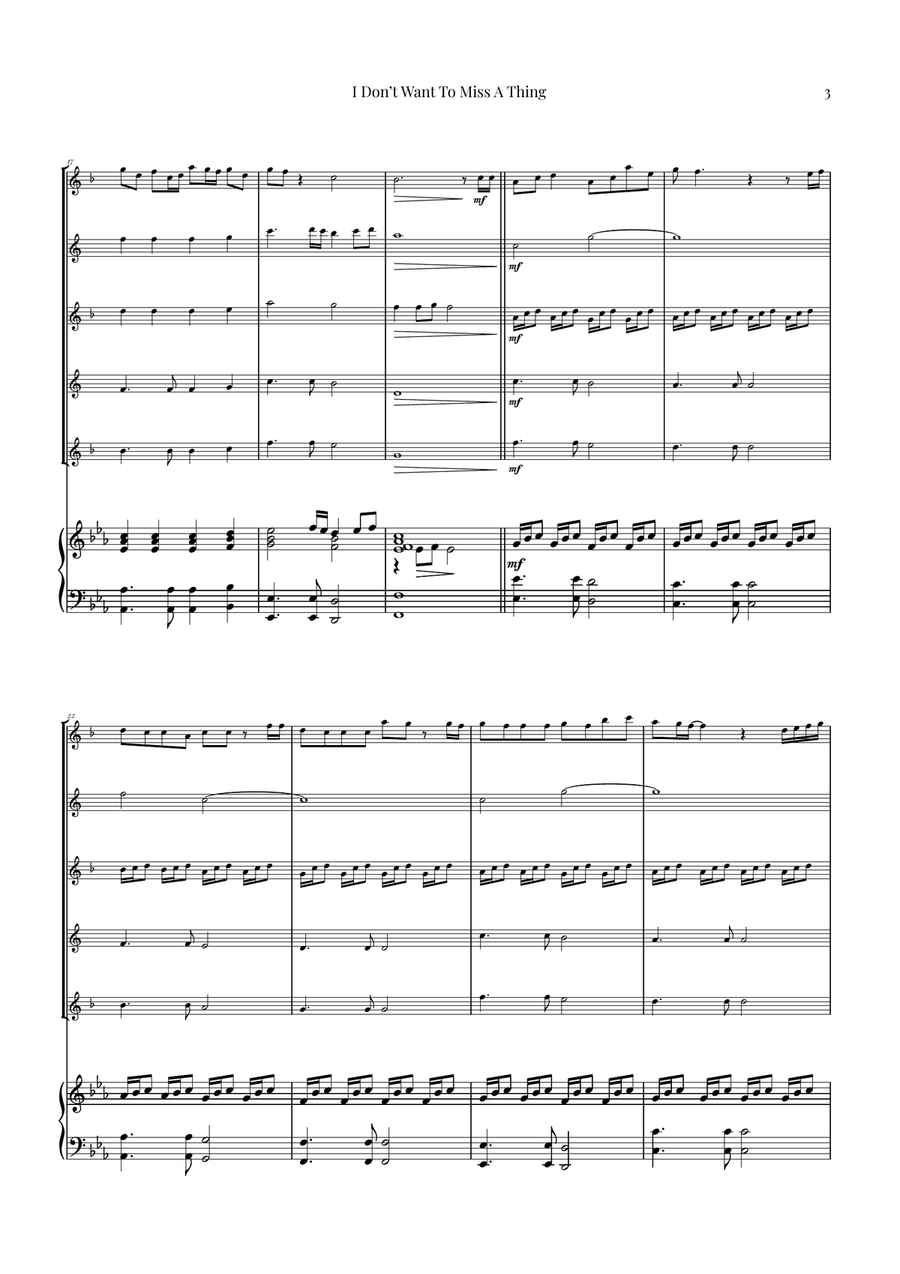 I Don't Want To Miss A Thing Saxophone Quintet scores gallery preview page 3