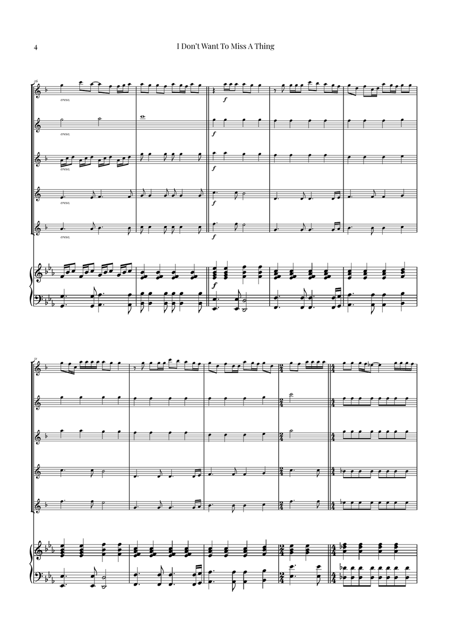 I Don't Want To Miss A Thing Saxophone Quintet scores gallery preview page 4