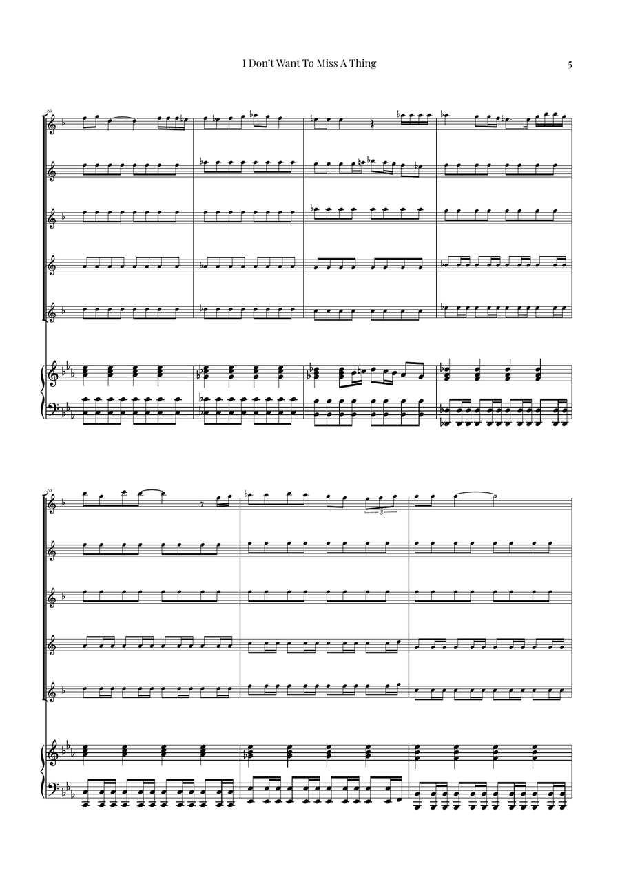 I Don't Want To Miss A Thing Saxophone Quintet scores gallery preview page 5