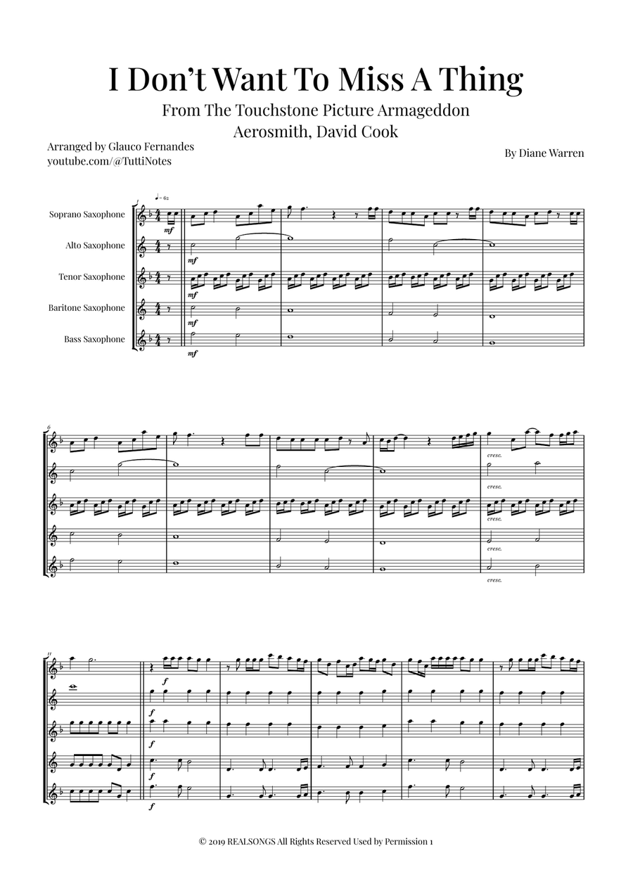 I Don't Want To Miss A Thing Saxophone Quintet scores gallery preview page 1