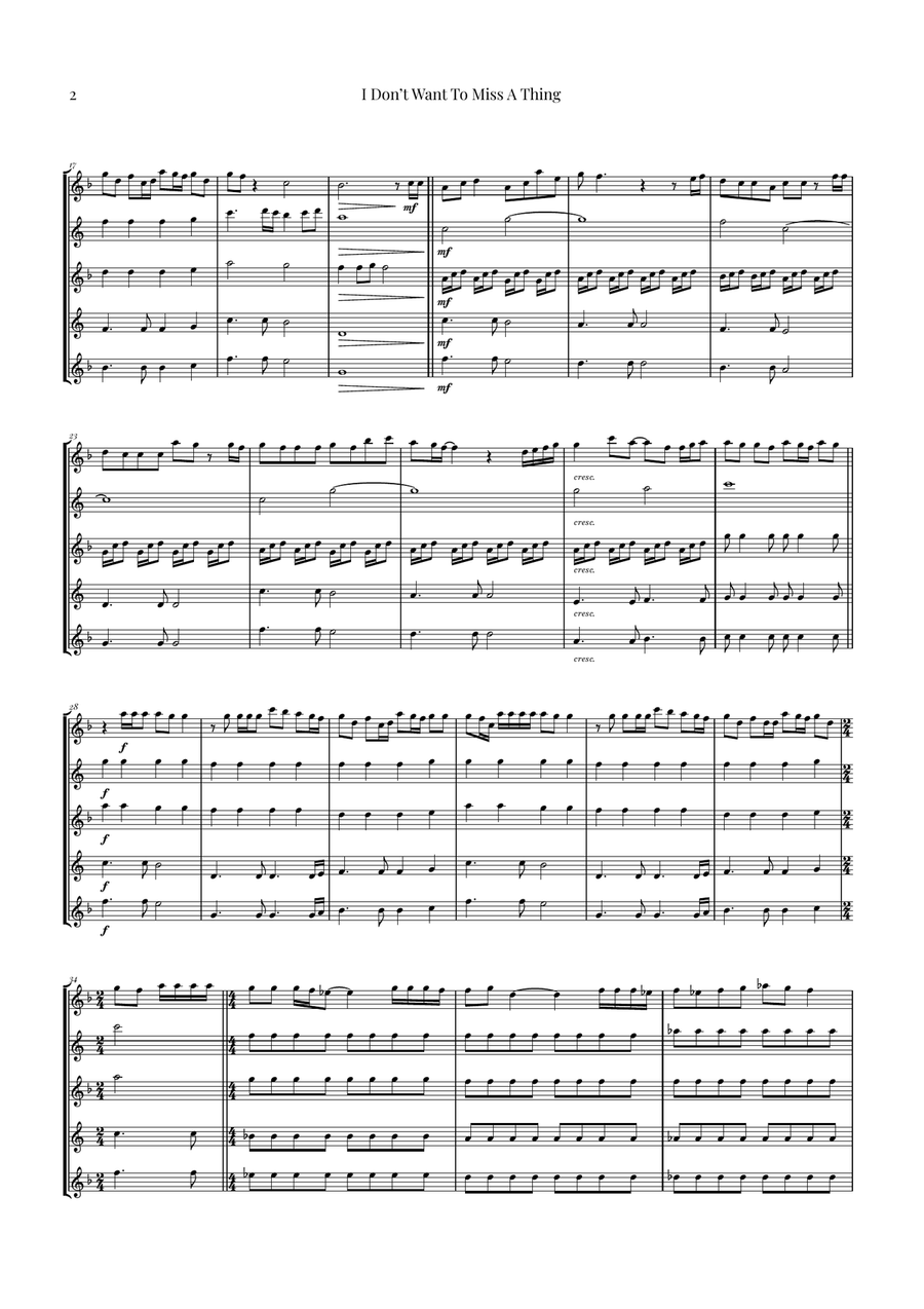 I Don't Want To Miss A Thing Saxophone Quintet scores gallery preview page 2