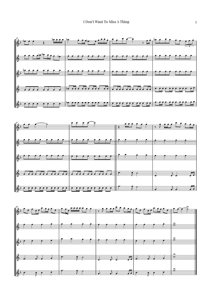 I Don't Want To Miss A Thing Saxophone Quintet scores gallery preview page 3