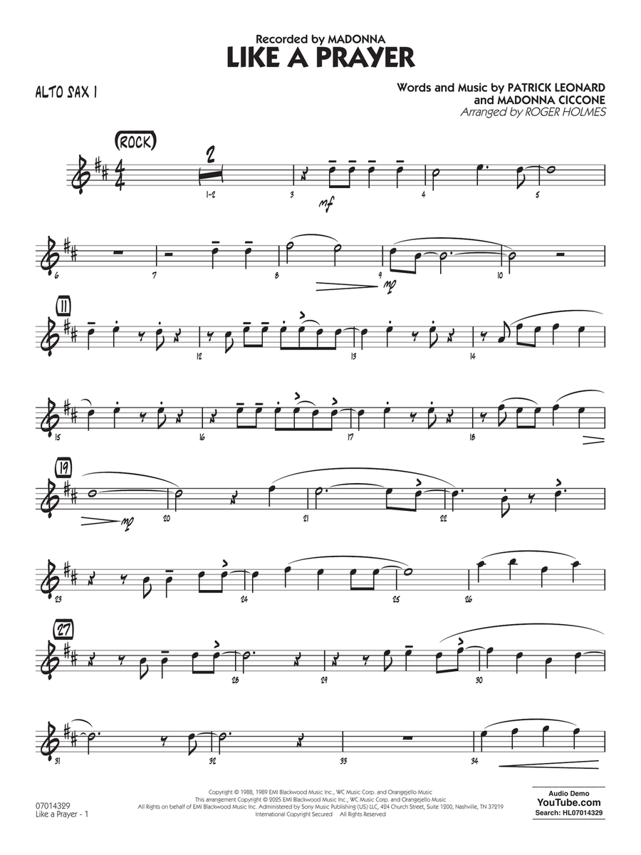 Like A Prayer (arr. Roger Holmes) - Alto Sax - Alto Sax 1 Jazz Ensemble scores gallery preview page 1